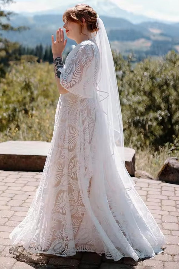 #DZ9329 Half Flutter Sleeves Boho Plunge V Bridal Gowns