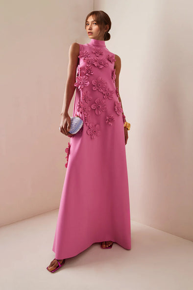 High Neck 3D Flower A Line Long Evening Dress