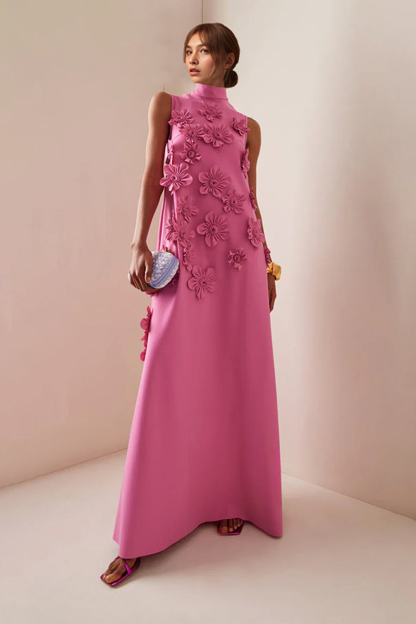 High Neck 3D Flower A Line Long Evening Dress