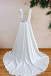 Elegant V Neck Sleeveless A Line Simple Satin Wedding Dress With Veil
