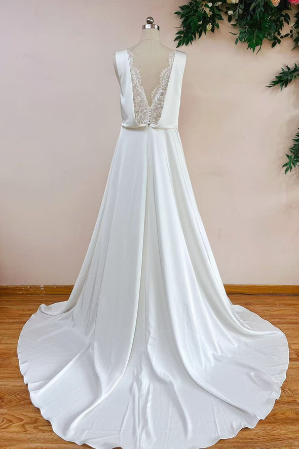 Elegant V Neck Sleeveless A Line Simple Satin Wedding Dress With Veil