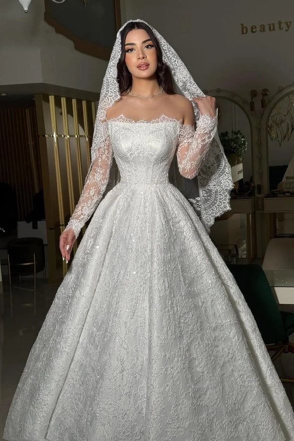 long sleeve lace sparkle wedding dress DZ9592 Exquisite Long Sleeve Wedding Dress Sparkly Off Shoulder – TANYA  BRIDAL