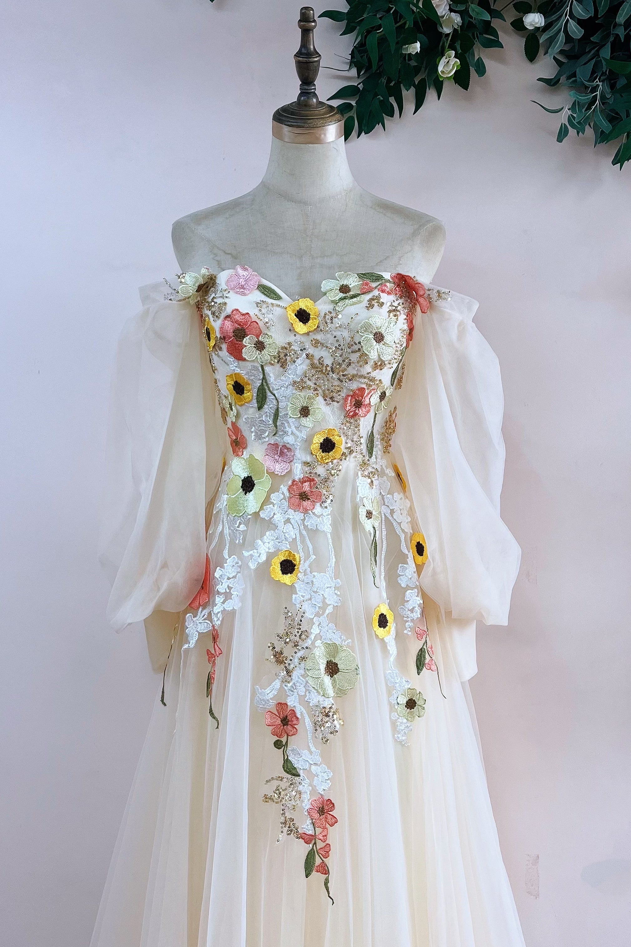 floral long sleeve prom dress Glitter Detachable Sleeves Formal Long Prom Dress The Dress Outlet