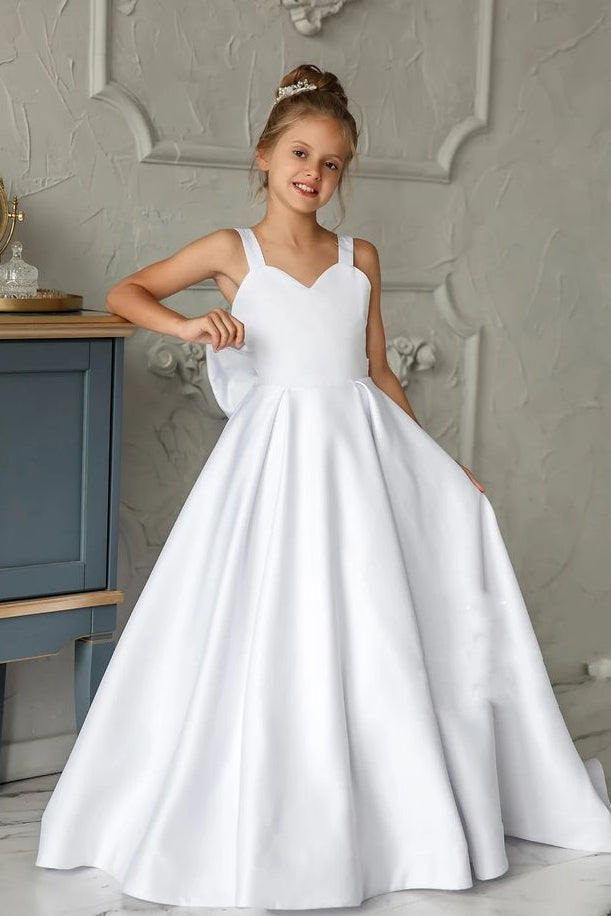 White Satin A Line Flower Girl Dress Backless With Bow TANYA BRIDAL White Satin A Line Flower Girl Dress Backless With Bow TANYA BRIDAL