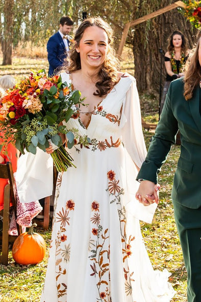 Big Size Long Flutter Sleeve Embroidered Flowers Bridal Gown