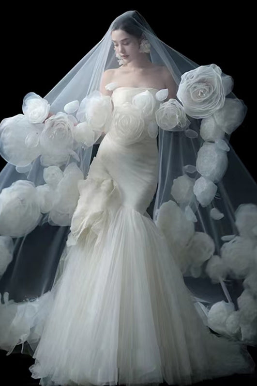Romantic 3D Flowers Wedding Long Veils Without Comb  ZV075