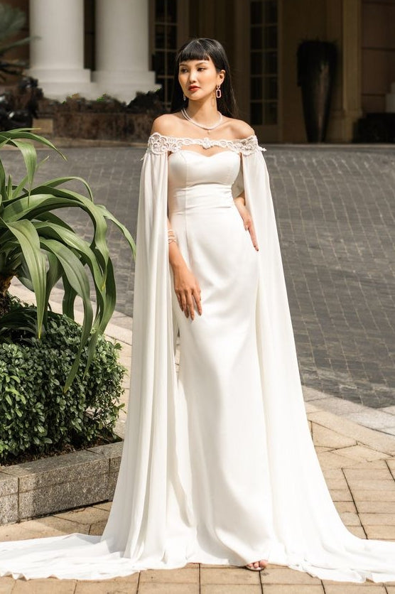 Bohemian Long Chiffon Wedding Cape Off The Shoulder With Lace Appliques