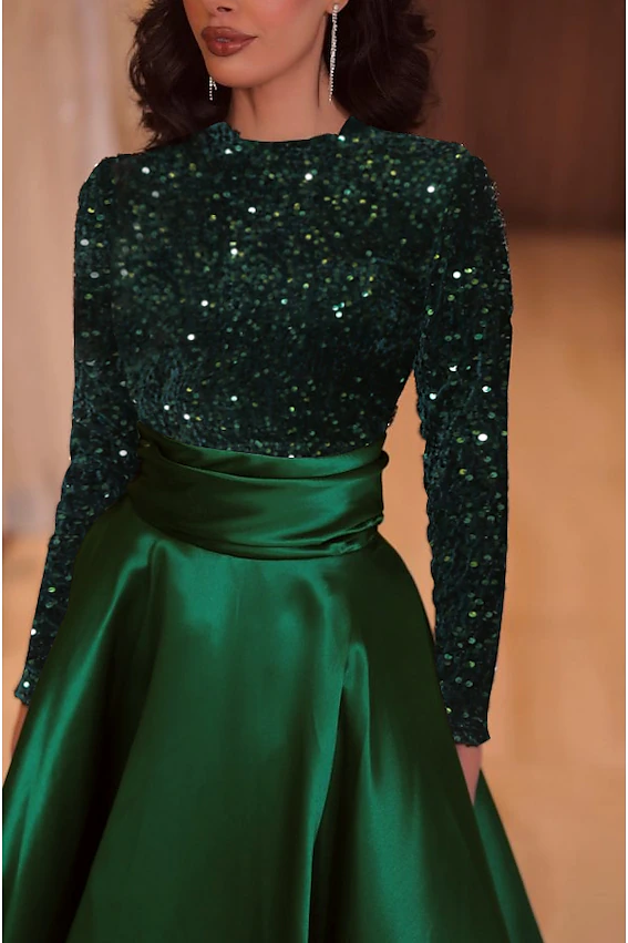 Long Sleeves Sequins A Line Satin Green Prom Gown TANYA BRIDAL Long Sleeves Sequins A Line Satin Green Prom Gown TANYA BRIDAL