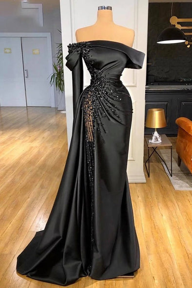 Off-shoulder Black Pageant Party Gown Luxury Pearls Evening Dress