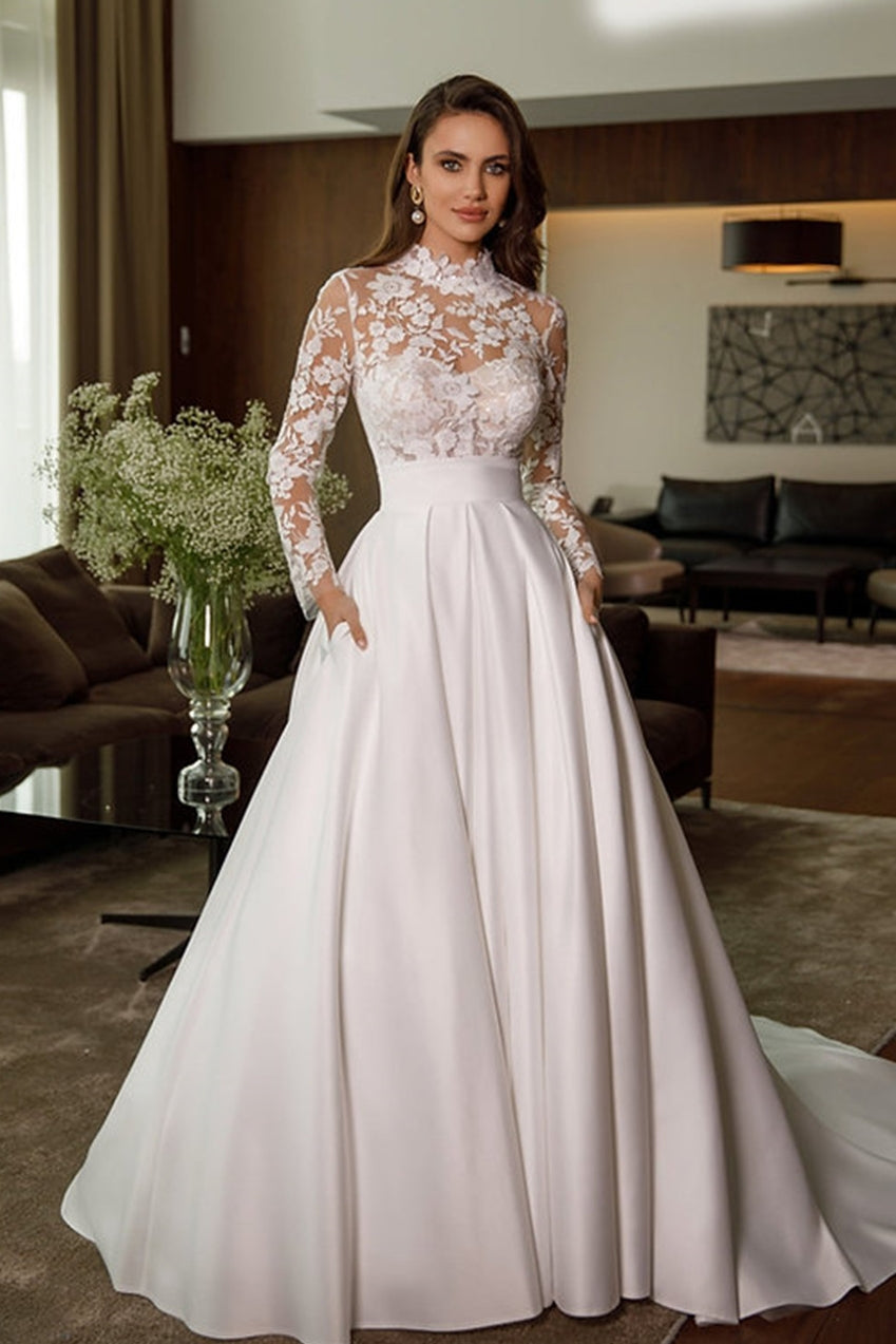 Vintage High Neck Full Sleeves Lace Satin A Line Wedding Dreses TANYA BRIDAL Vintage High Neck Full Sleeves Lace Satin A Line Wedding Dreses TANYA BRIDAL