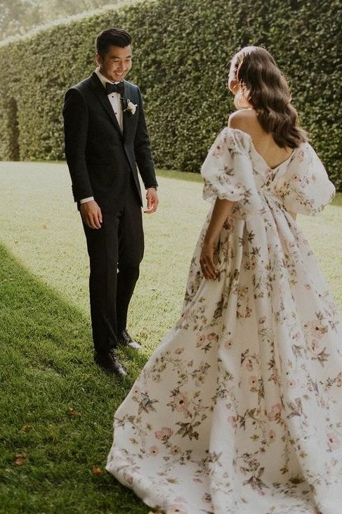 Floral Pattern Long Wedding Dress Off The Shoulder With Sleeves