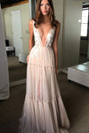 Deep V Sexy Bohemian Long Tulle Nude Wedding Dress