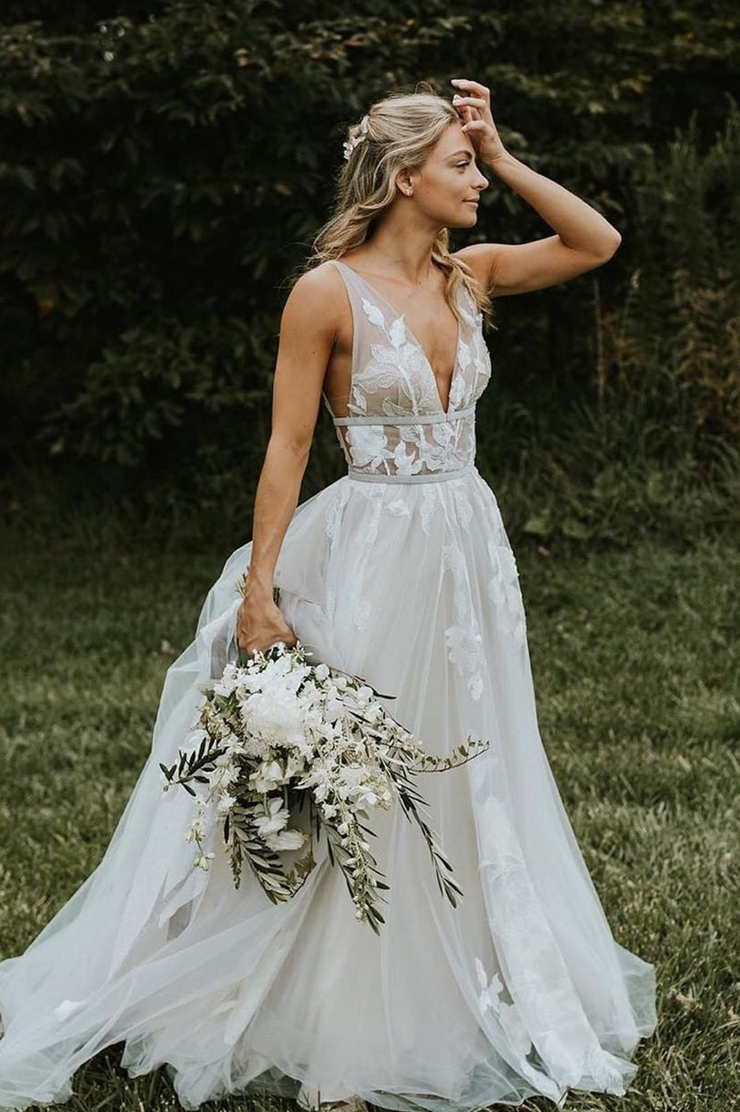 grey tulle wedding dress Light Gray Lavender A Line Tulle Wedding Dress With Detachable Sleeves