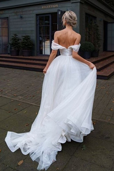 Long Tulle Off The Shoulder Simple Wedding Dress A Line Pleated