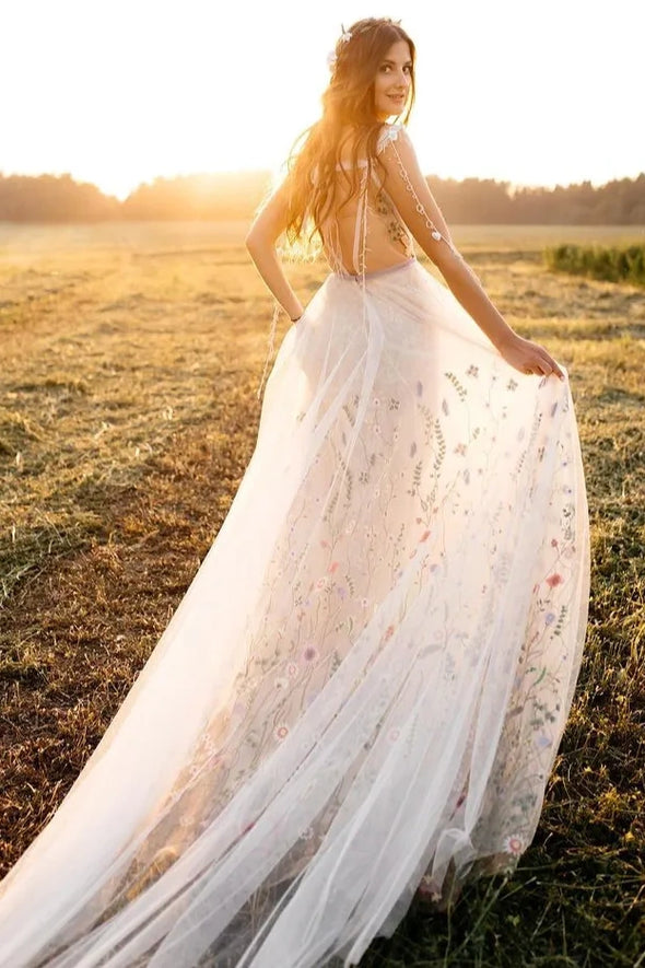 #DZ9363 Boho Embroidery Lace Wedding Dresses For Bride