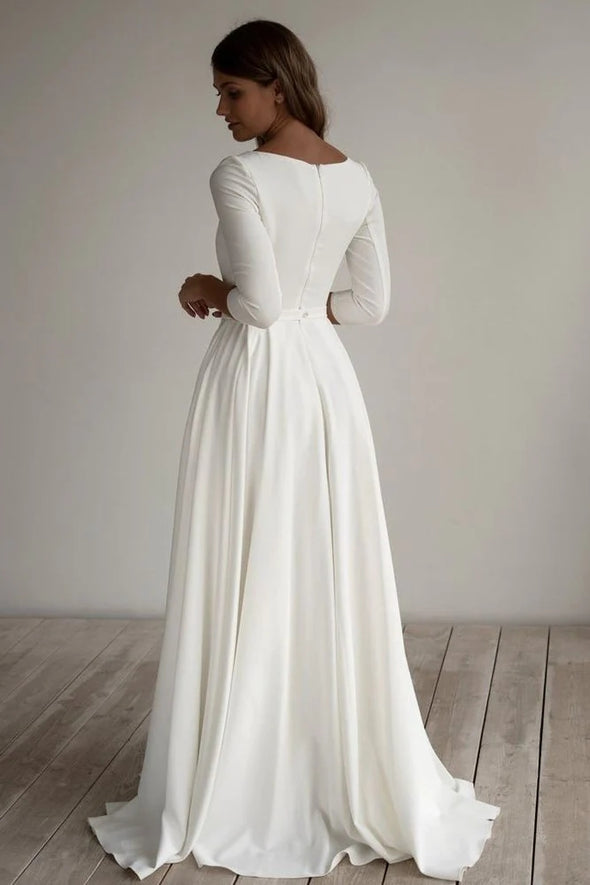 Half Sleeves A Line Soft Satin Floor Length Bridal Gown