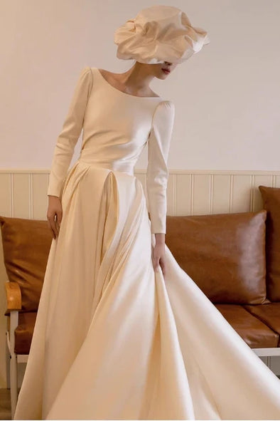 #DZ9373 A Line Wedding Dress Backless Ivory Long Sleeves Satin