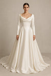 #DZ9372 Long Sleeves Satin A Line Wedding Dress Backless