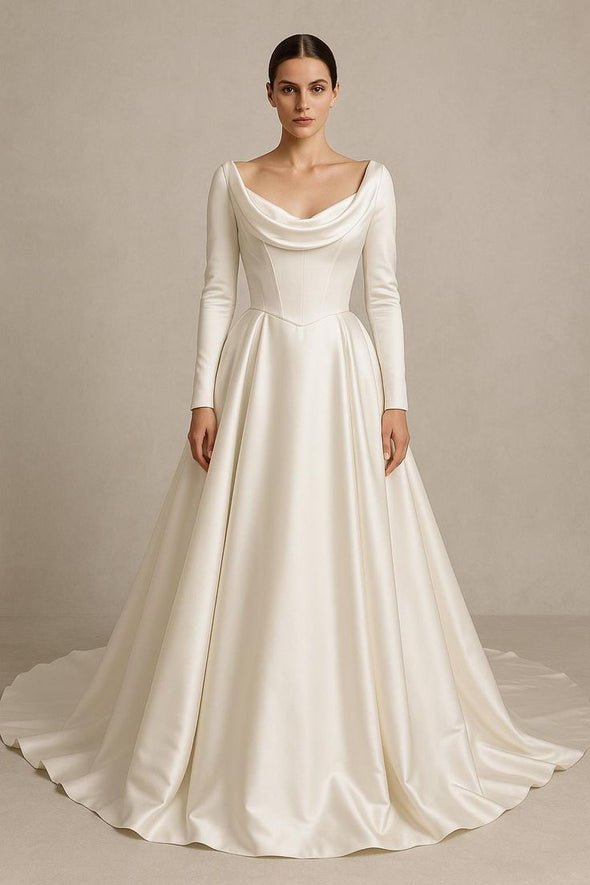 #DZ9372 Long Sleeves Satin A Line Wedding Dress Backless