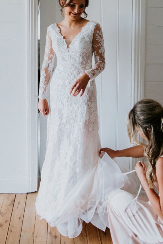 Long Sleeves V Back Lace Wedding Dress Court Train TANYA BRIDAL Long Sleeves V Back Lace Wedding Dress Court Train TANYA BRIDAL