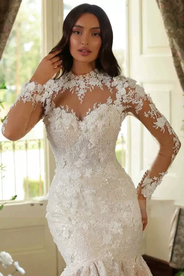 #LY9213 Mermaid Lace Long Wedding Dress With Full Sleeves