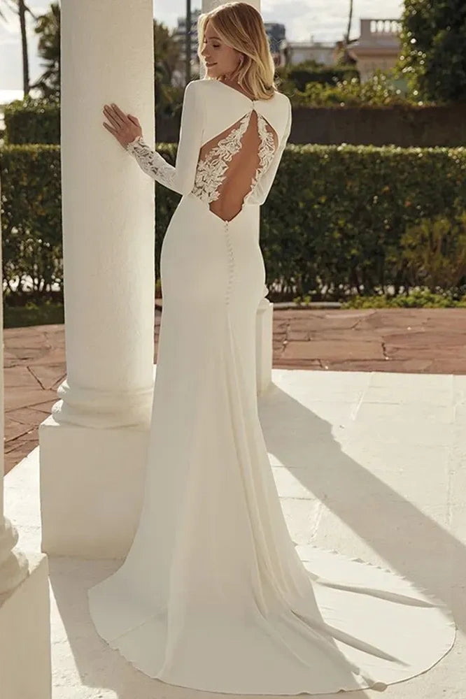DZ9367 Elegant Satin Mermaid Wedding Dress Long Sleeves – TANYA BRIDAL