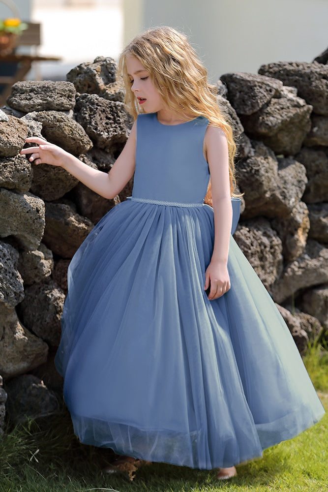DZ9583 Dusty Blue Long Girl Party Dress With Bow Back TANYA BRIDAL DZ9583 Dusty Blue Long Girl Party Dress With Bow Back TANYA BRIDAL