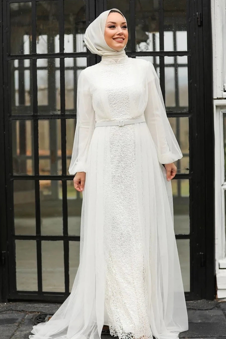 Ivory Lace Chiffon Long Muslim Wedding Bridal Dress TANYA BRIDAL Ivory Lace Chiffon Long Muslim Wedding Bridal Dress TANYA BRIDAL