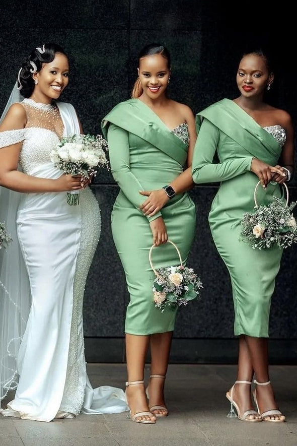 Sage Green One Shoulder Long Sleeve Short Bridesmaid Dress
