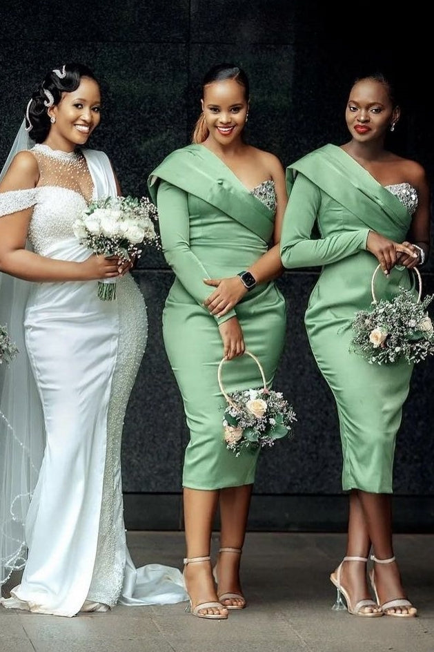 Sage Green One Shoulder Long Sleeve Short Bridesmaid Dress TANYA BRIDAL Sage Green One Shoulder Long Sleeve Short Bridesmaid Dress TANYA BRIDAL