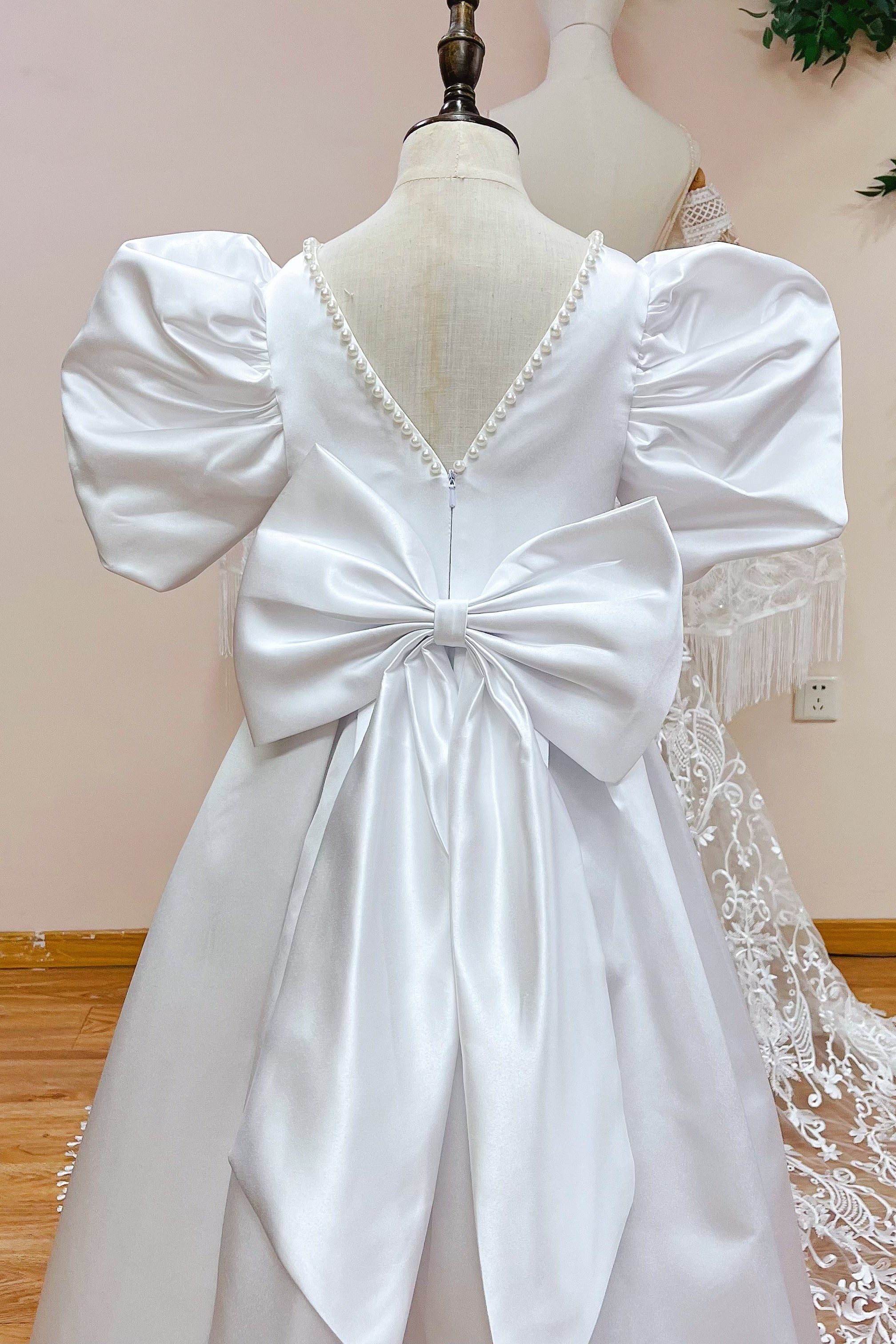 White Satin Flower Girl Dress With Pearls Neck โ TANYA BRIDAL