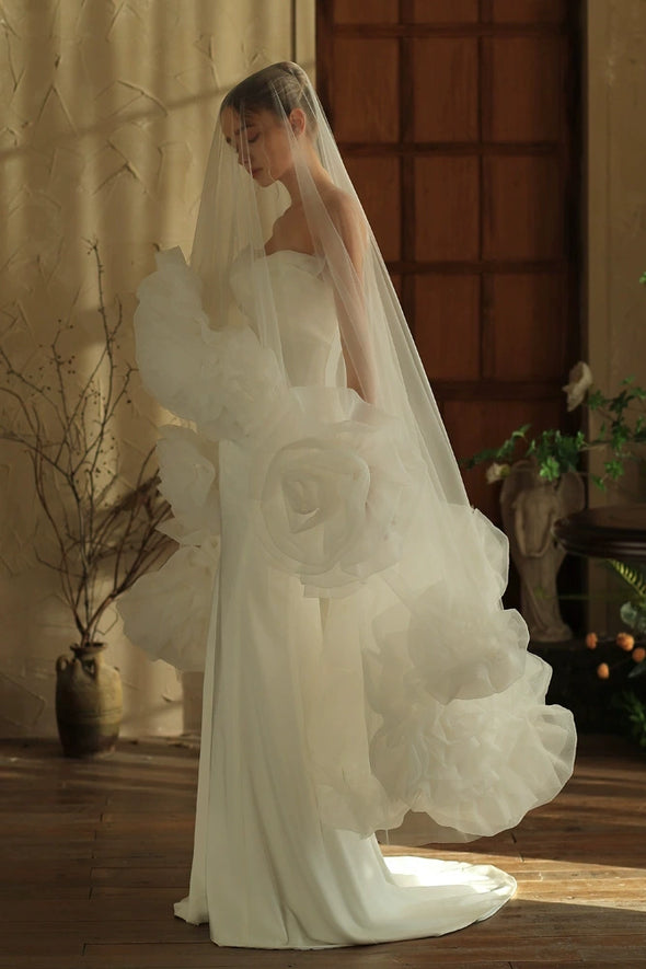 V398 long handmade rose flower bridal veil
