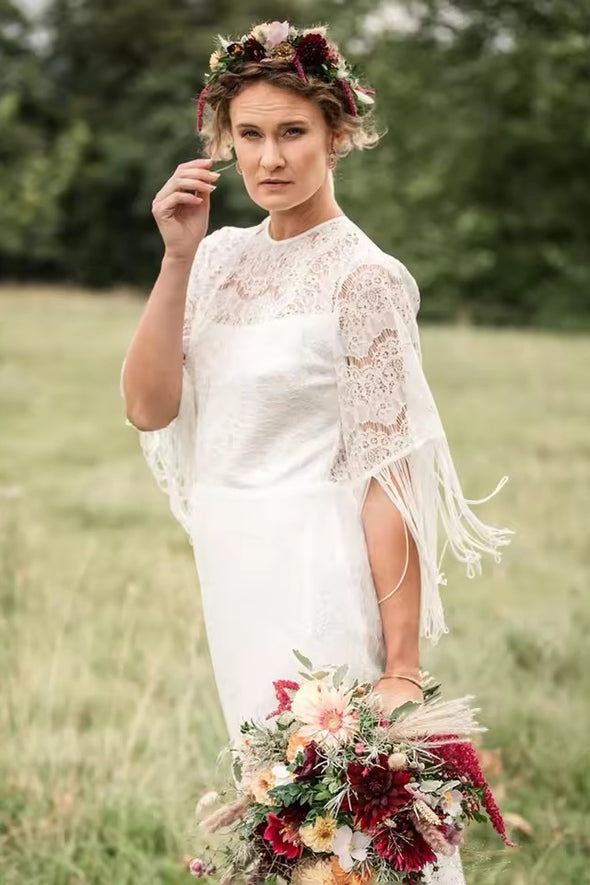 #DZ9330 Boho Tassels Round Neck Maxi Wedding Dress