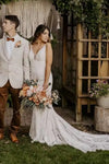 #DZ9338 V Neck Soft Lace Backless Boho Wedding Dress