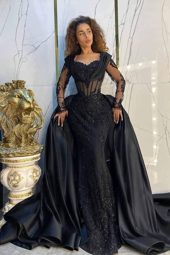 Black Sweetheart Long Sleeves Mermaid Prom Dress With Appliques