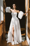 Sweetheart A Line Satin Wedding Dresses Detachable Puffy Short Sleeves DW829