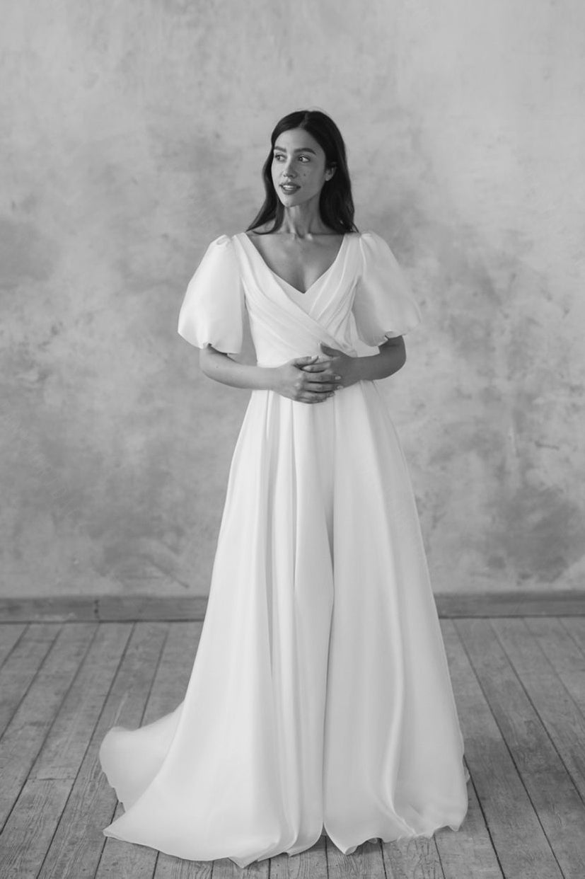 Satin Simple A Line Wedding Dresses V-Neck ZW858 TANYA BRIDAL Satin Simple A Line Wedding Dresses V-Neck ZW858 TANYA BRIDAL
