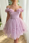 Charming Lilac Cute Short Homecoming Dresses Handmade 3D Flowers Mini Prom Gowns