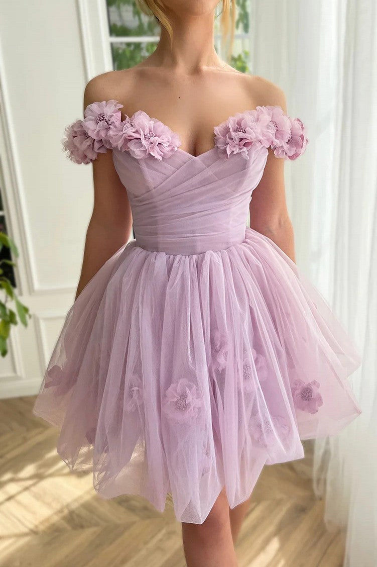 Charming Lilac Cute Short Homecoming Dresses Handmade 3D Flowers Mini Prom Gowns Charming Lilac Cute Short Homecoming Dresses Handmade 3D Flowers Mini Prom Gowns