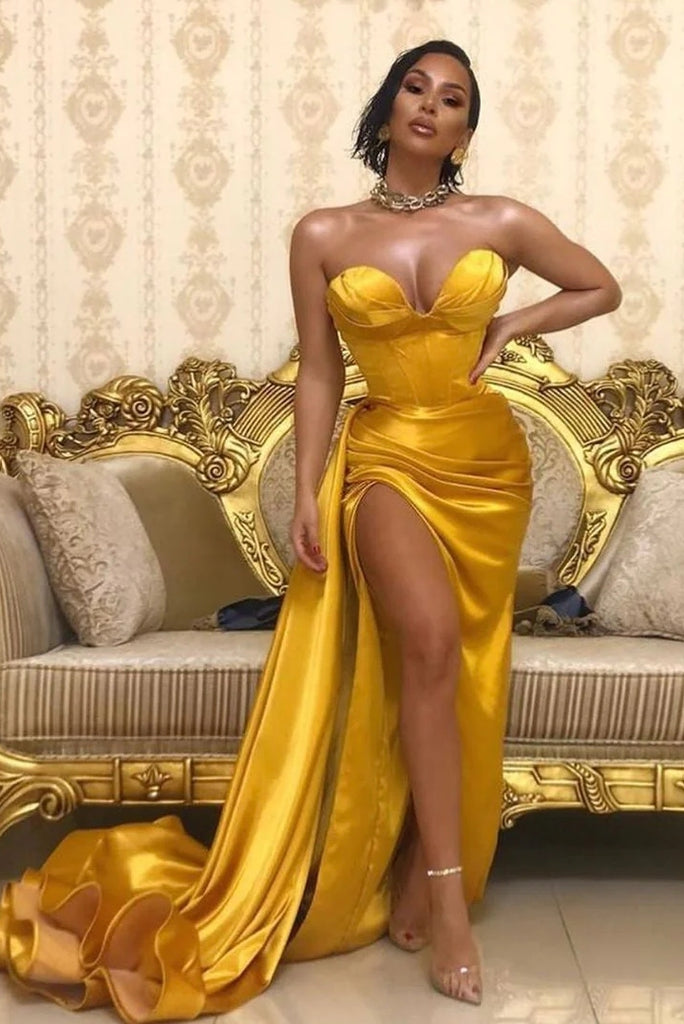 A Line Sweetheart High Split Prom Dresses Gold TANYA BRIDAL A Line Sweetheart High Split Prom Dresses Gold TANYA BRIDAL