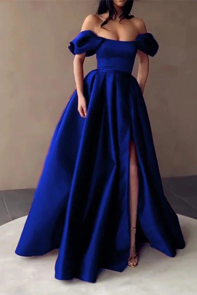 Royal Blue Satin Prom Dresses Strapless Off the Shoulder