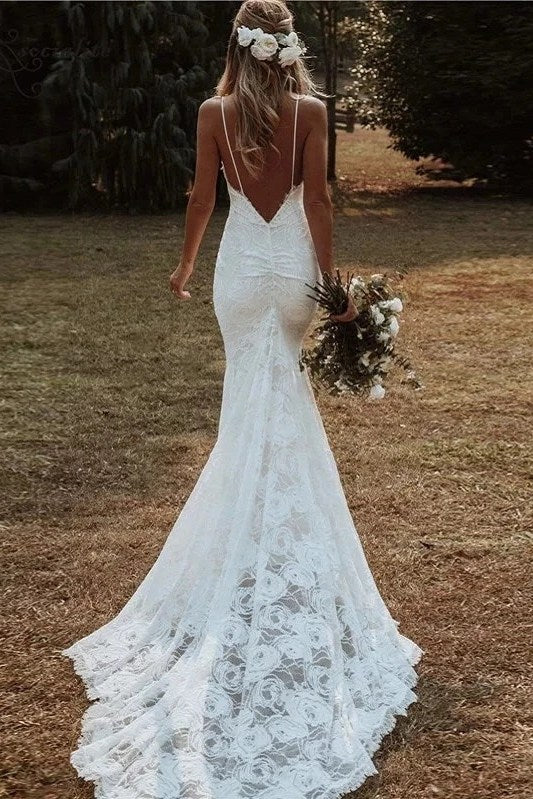 Mermaid Long Rose Lace Wedding Dress Backless Bohemian Bridal Gown