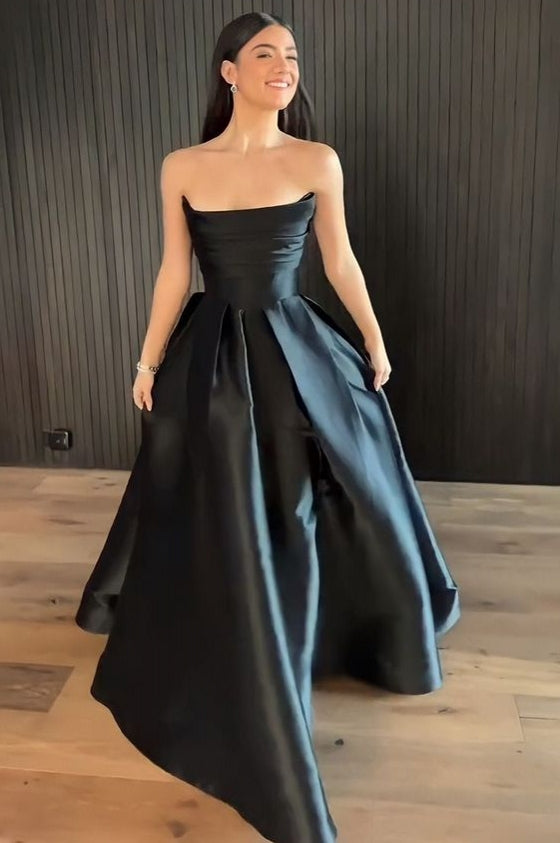 Black Satin Prom Dress A Line Fashion Celebrity Gown