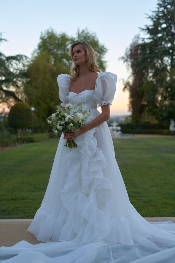 #DZ9357 A Line Short Sleeves Organza Side Split Wedding Dress