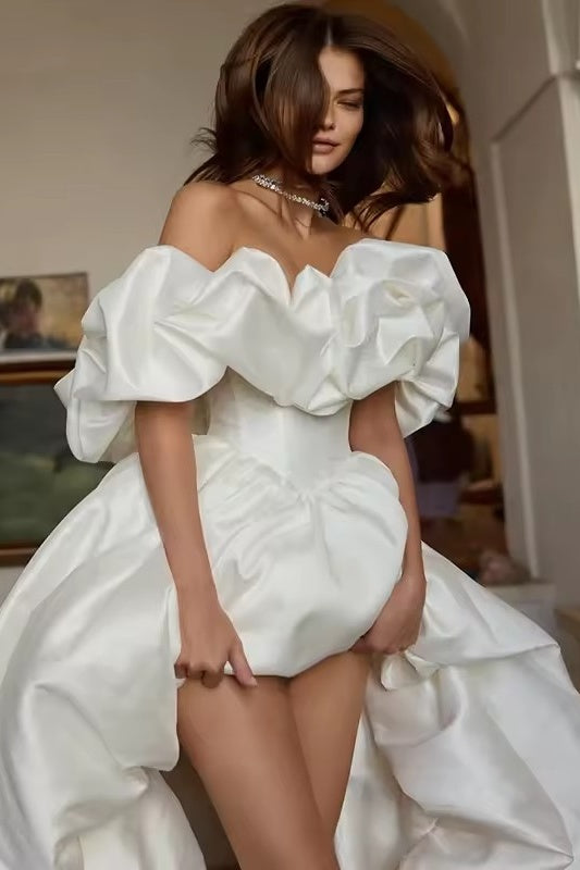 DZ9610 Elegant Satin Wedding Dresses Women A Line Off The Shoulder Br – TANYA BRIDAL DZ9610 Elegant Satin Wedding Dresses Women A Line Off The Shoulder Br – TANYA BRIDAL
