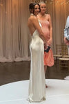 # DZ9353 Simple Silk Satin Wedding Dress, Backless Sheath, High Neck
