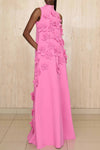 High Neck 3D Flower A Line Long Evening Dress