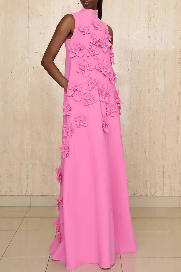 High Neck 3D Flower A Line Long Evening Dress