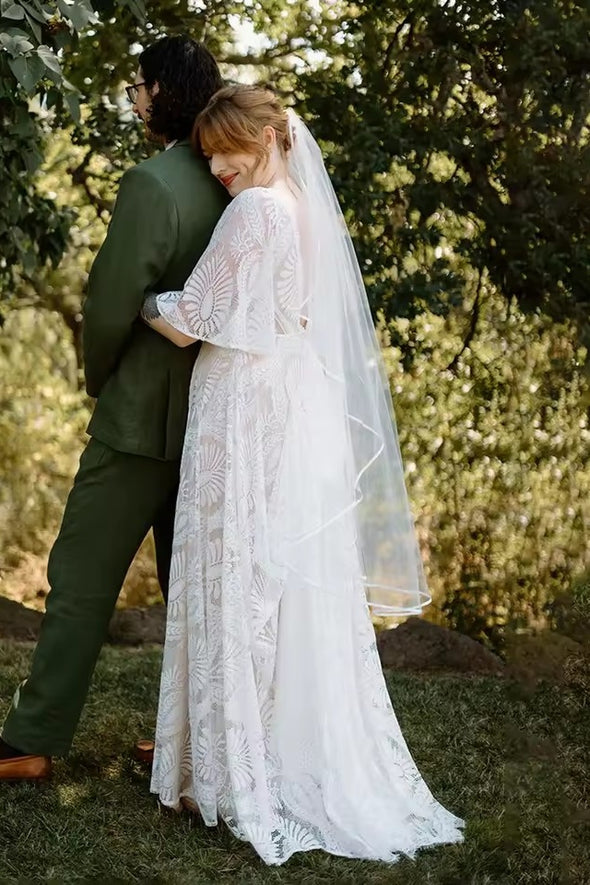 #DZ9329 Half Flutter Sleeves Boho Plunge V Bridal Gowns