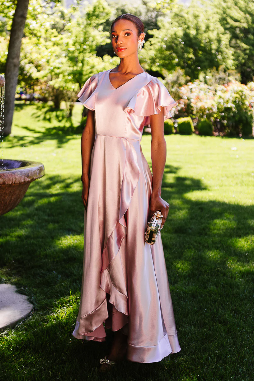V Neck Dusty Pink High Low Bridesmaid Dress – TANYA BRIDAL